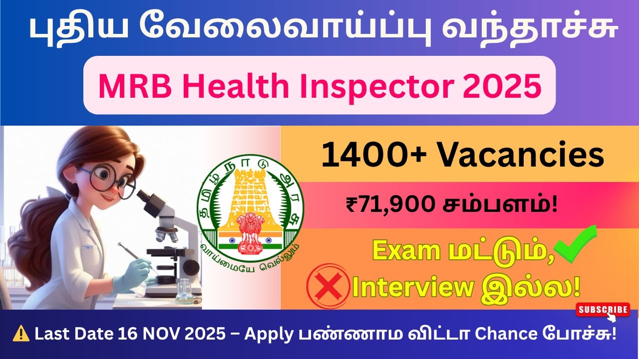 MRB Health Inspector Notification 2025 | 1429 Government Jobs in Tamil Nadu | ₹71,900 Salary | No...