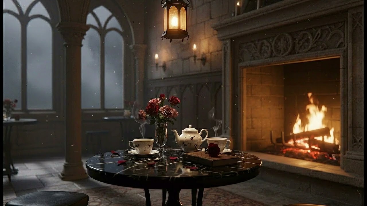 Gothic Tea Room by Firelight 4K | Ambience for Focus, Reading, Sleep