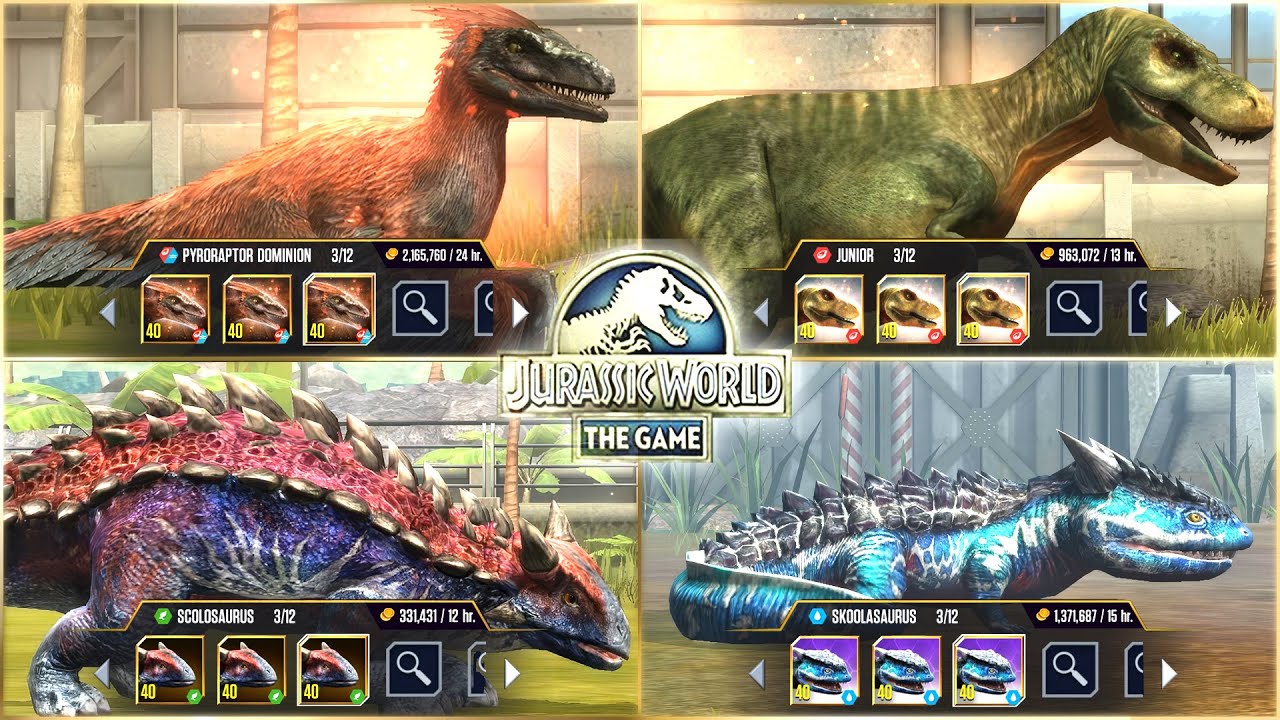 PYRORAPTOR DOMINION x JUNIOR TYRANNOSAURUS x SKOOLASAURUS x SCOLOSAURUS X3 | Jurassic World The Game