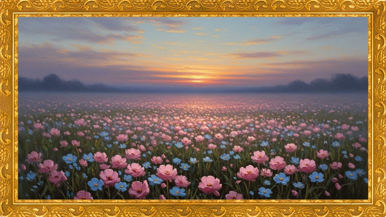 Soft Pink & Blue Flowers at Sunset 🌷 Classical Oil Painting | 4K Calm Ambience