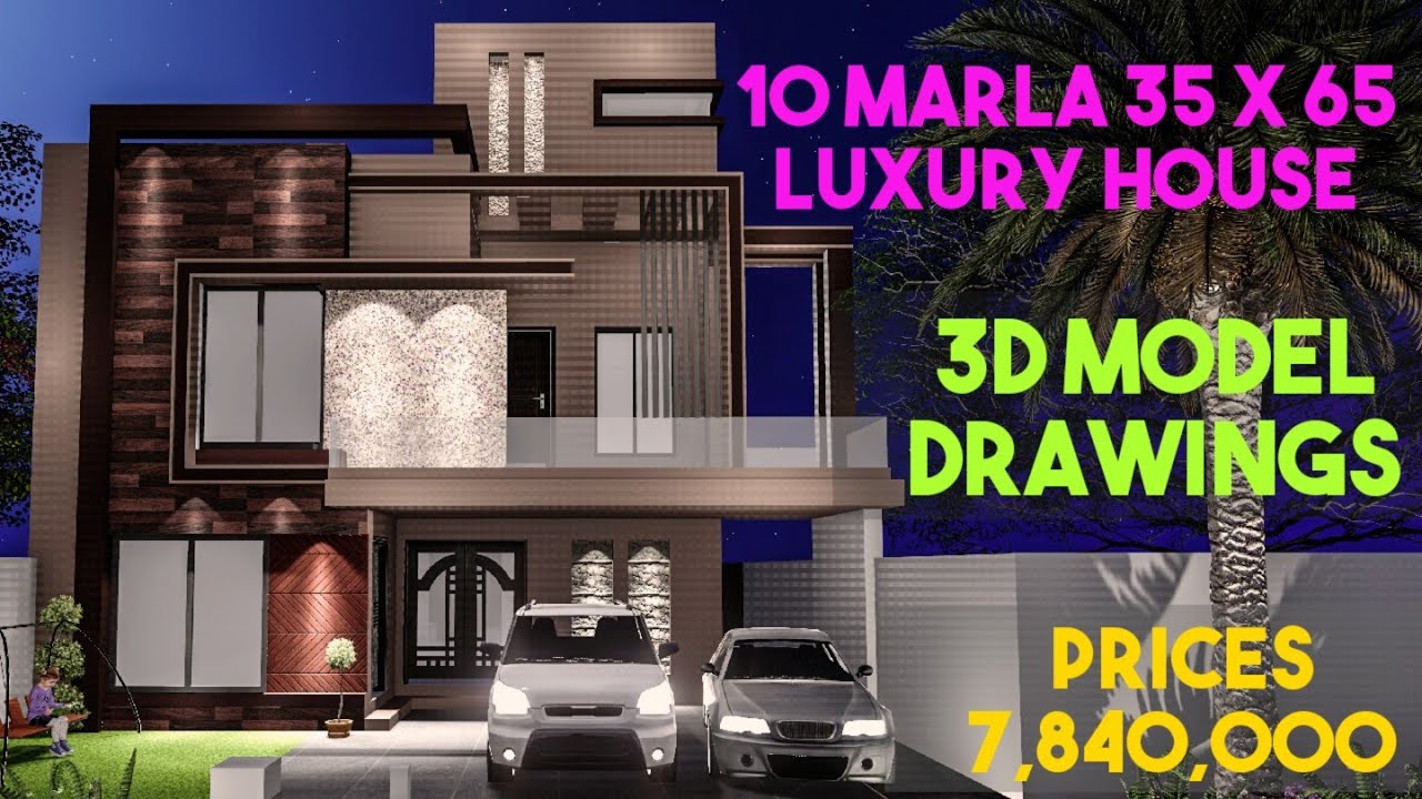 10 Marla 35X65 Luxury House Plans - 10 Marla House Drawings, 3D Model and Cost Details