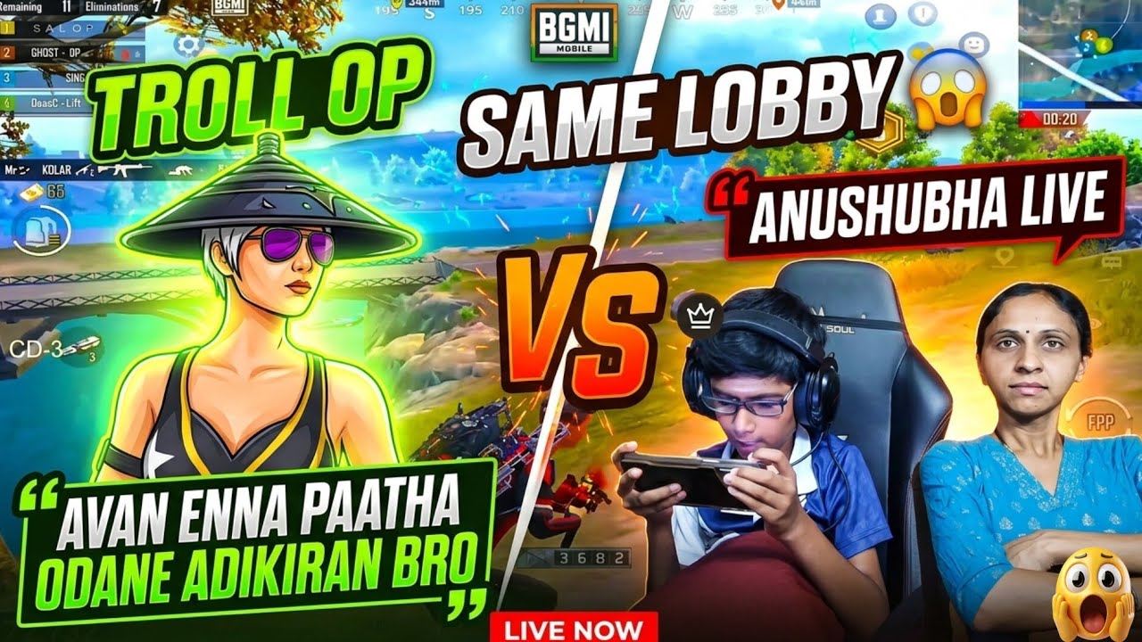 Troll op vs Anushubha yt live 😱 same lobby | Kutty payyan anushubha live #bgmi #trollop #madanop 
