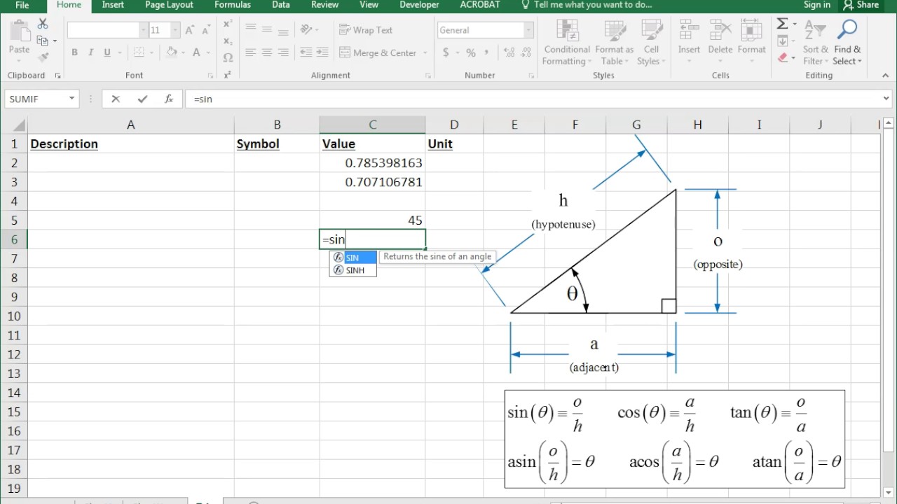 Trigonometry in Excel