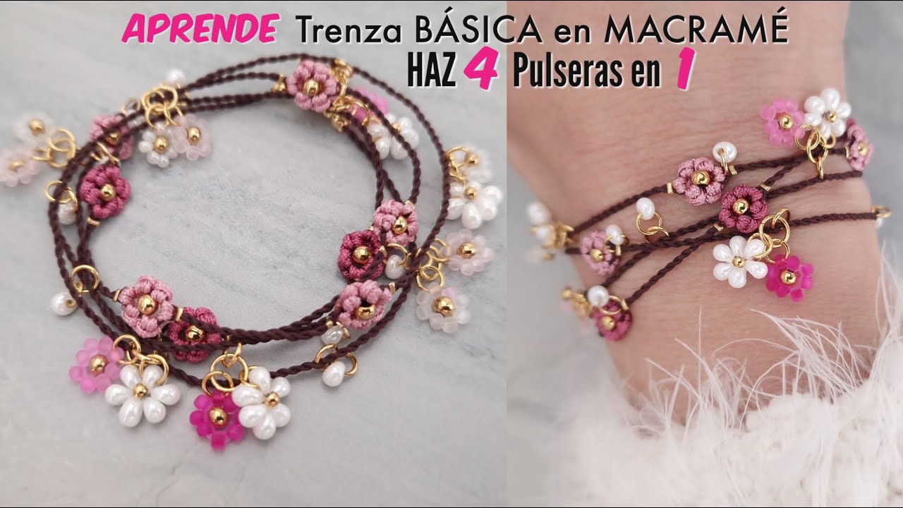Como hacer PULSERAS DE FLORES EN MACRAMÉ | Como hacer PULSERAS con flores de mostacillas #coquette
