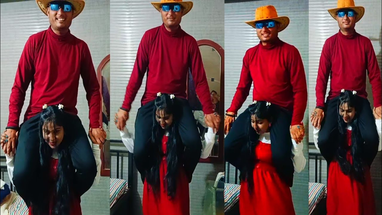 short women shoulder ride man/school girl acting with liftcarry/Indian women Shoulder ride man💪💪💪