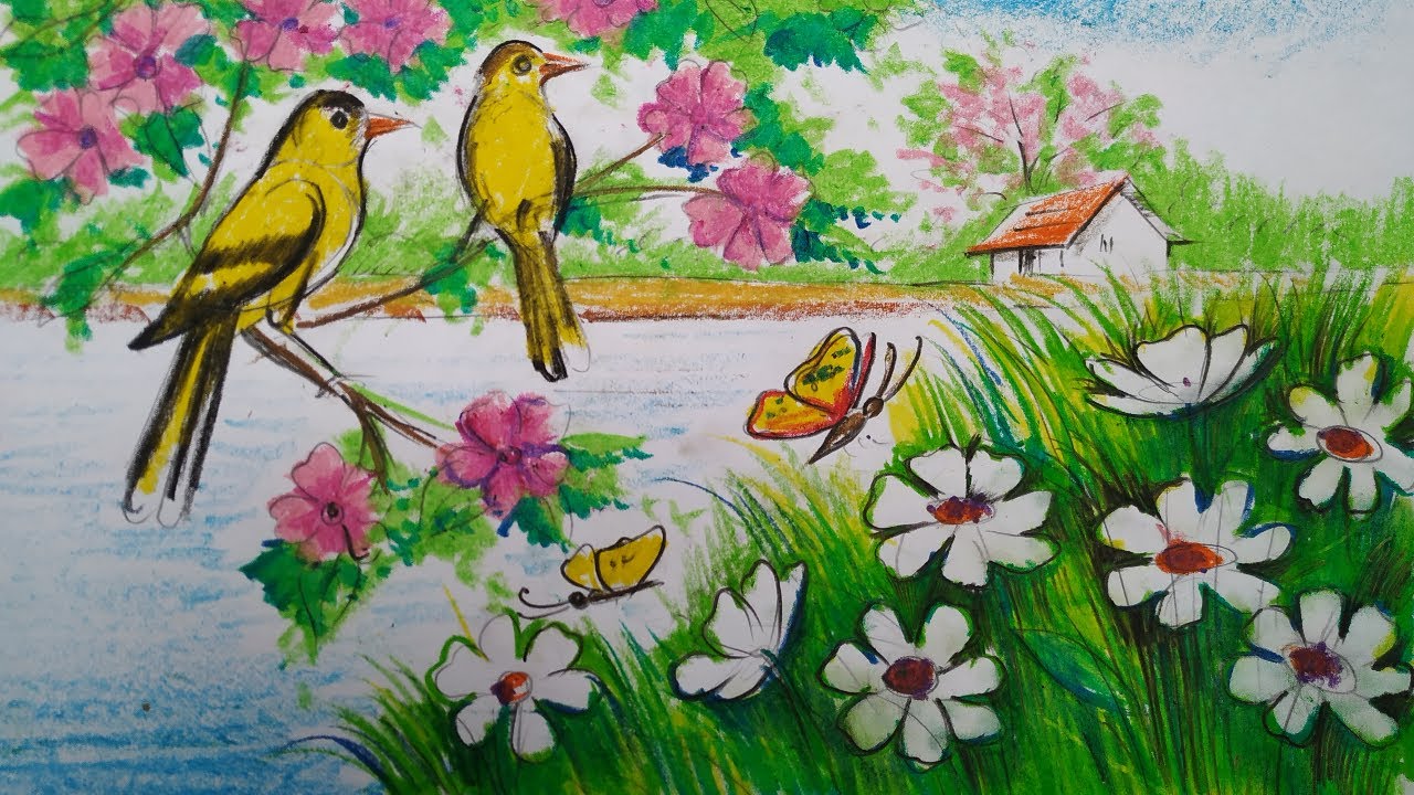 how to draw spring season scenery,oil pastel scenery drawing,basanta kaler scenery drawing,drawing