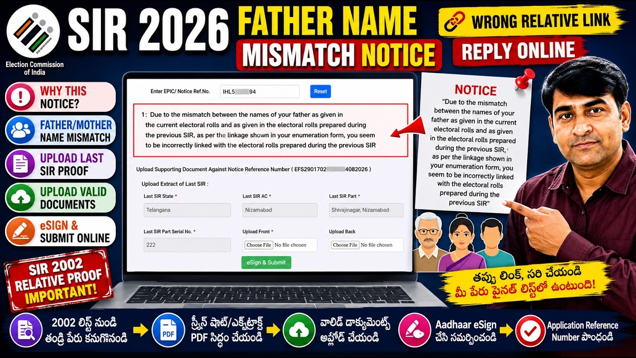 SIR 2026 Father Name Mismatch Notice Reply Online | Upload Documents for Wrong Relative Link Telugu
