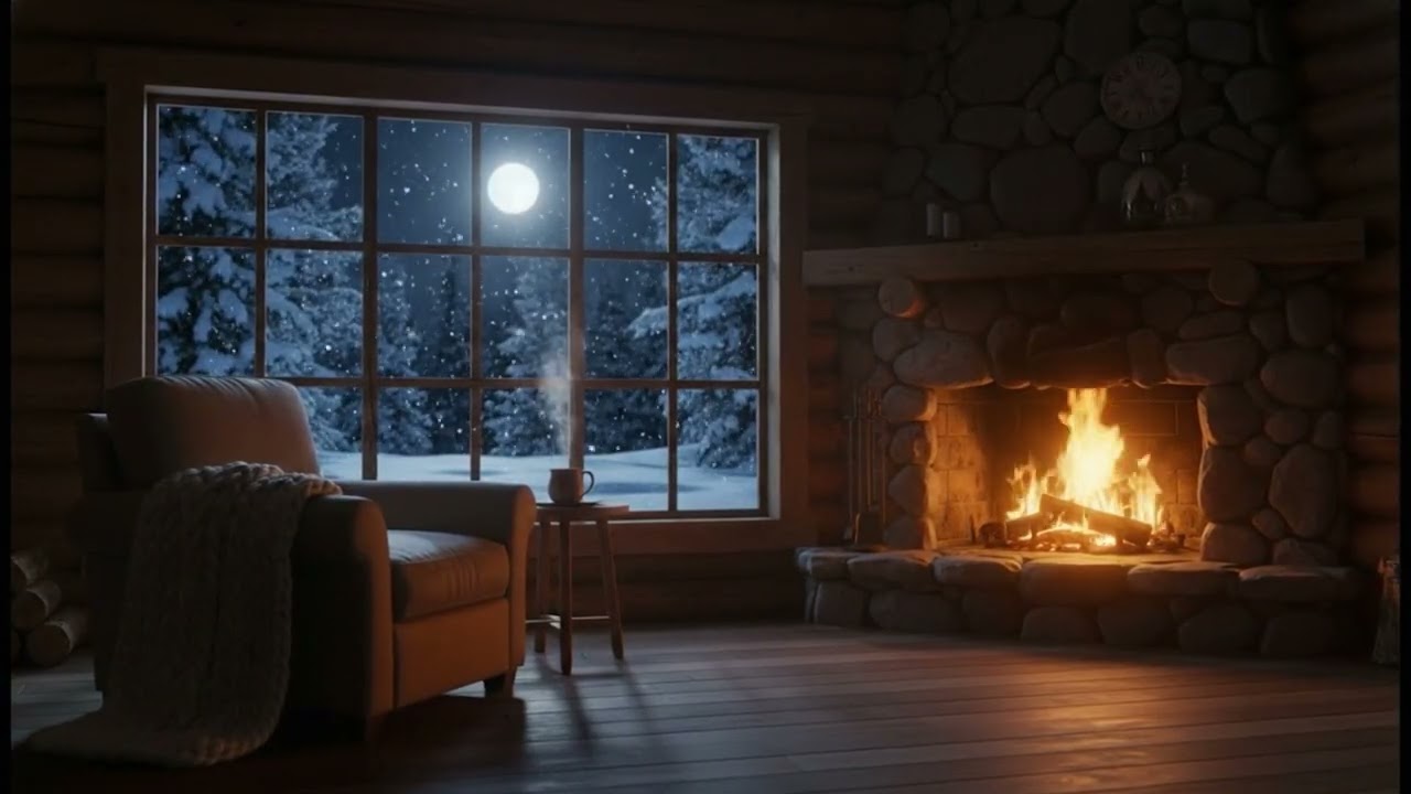 Cozy Cabin Fireplace 🔥 Crackling Fire & Snowfall Ambience | Relax & Unwind