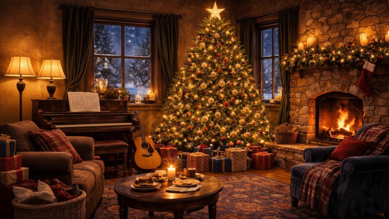 A Peaceful Vintage Christmas Jazz Night – Soft Piano, Fireplace Glow & Winter Stillness