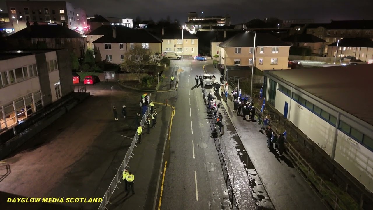 Anti illegal migration protest at Hotel Cladhan Falkirk on February 04.26 drone footage 