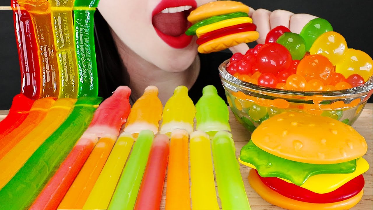 ASMR RAINBOW JELLY NOODLES & POPPING BOBA & HAMBURGER JELLY & NANA EATING SOUND