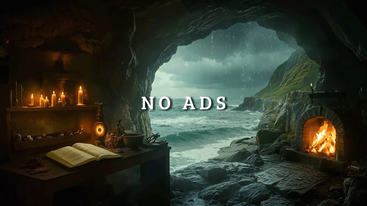 Alchemist's Cave by the Sea 🕯️ Heavy Rain, Thunder & Fireplace for Deep Sleep