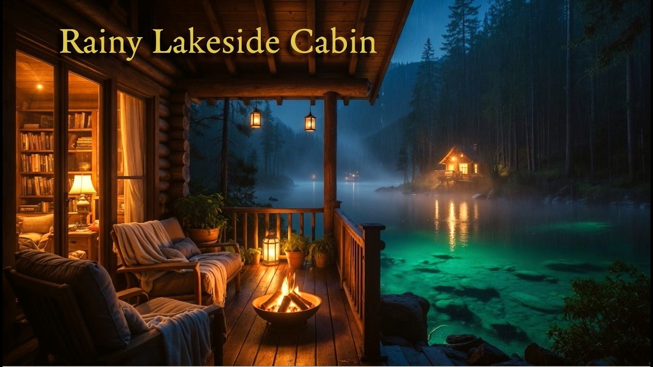 Rainy Lakeside Cabin | Cozy Night Fireplace Ambience