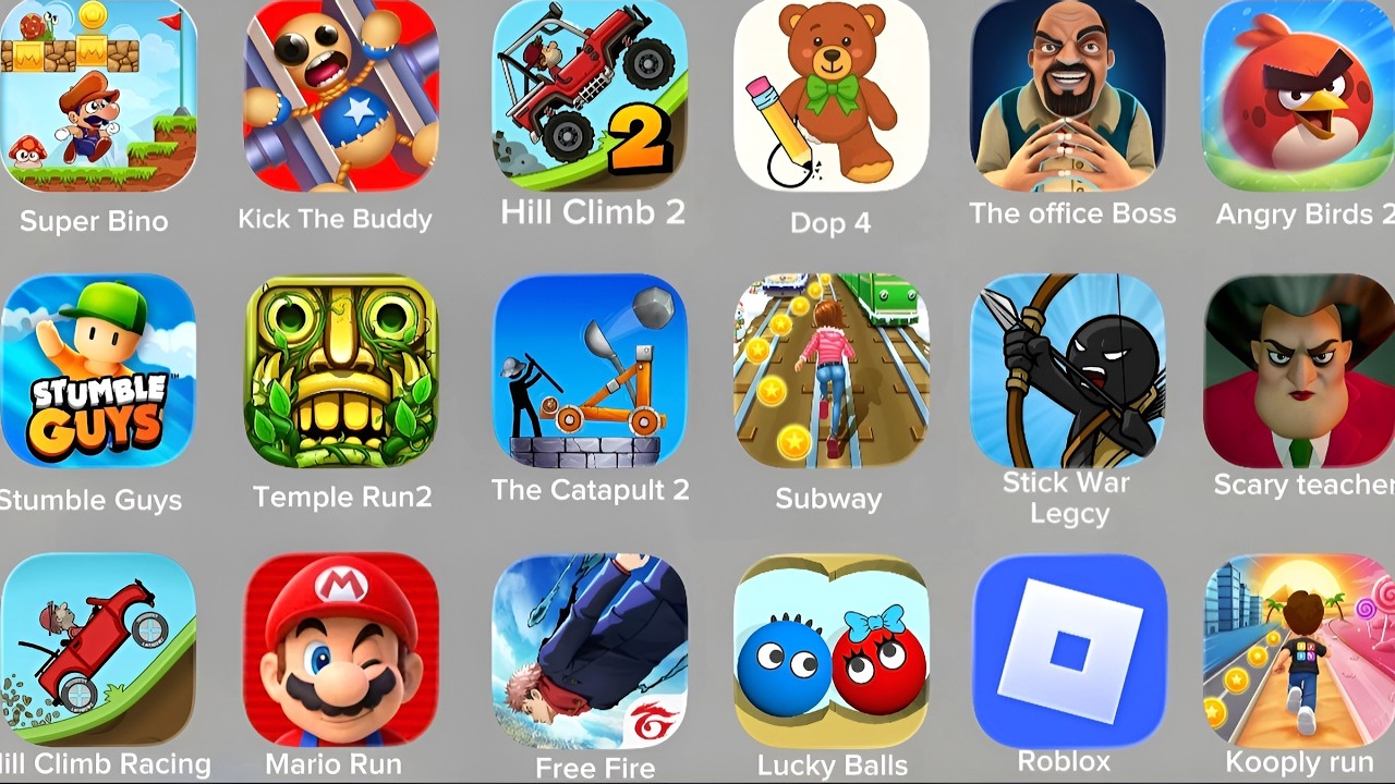 Dop 2,Bridge Race,Dop4,Templerun2, Kick The Buddy,Kooply run,Hill Climb 2,Stumble Guys