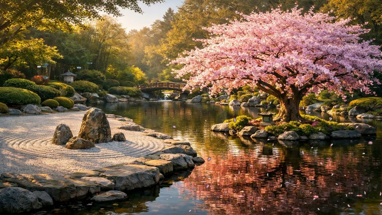 4K Japanese Garden Relaxation 8 hours Lofi Zen with Cherry Blossom Tree & Pond Bird Sounds
