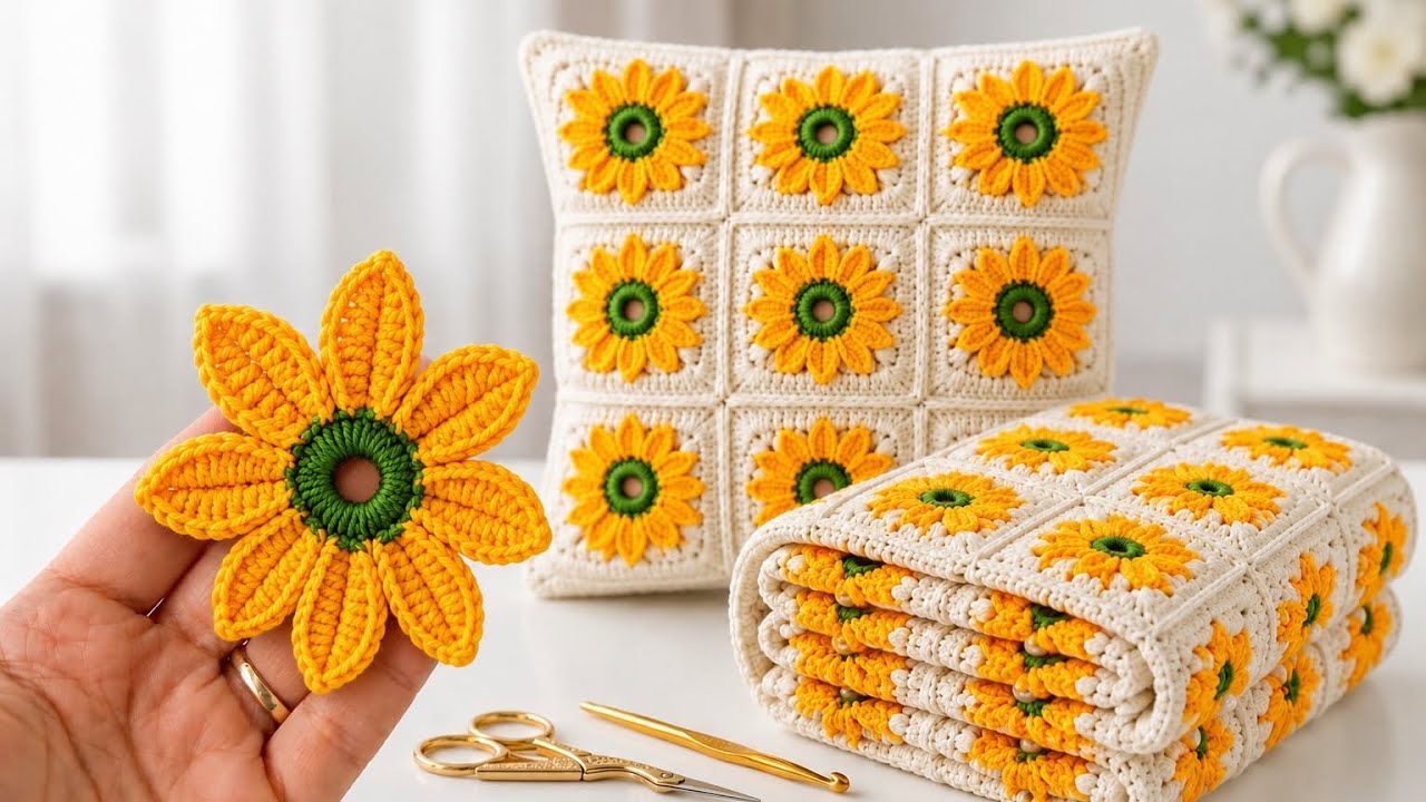 🌻 Easy Crochet Sunflower Granny Square | Beautiful Pillow & Blanket Ideas for Beginners!