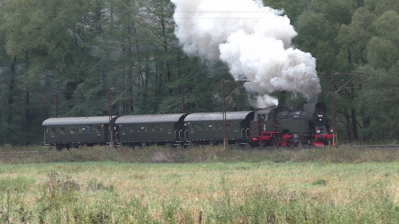 Parow&oacute;z TKt48-18 z pociągami ANTRACYT & Noiroode w Kotlinie Kłodzkiej