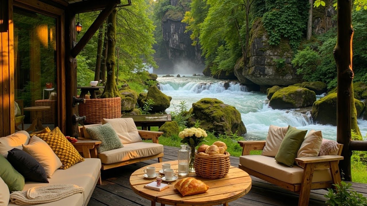Immerse Yourself in Peaceful Spring Morning Jazz Music Nature Waterfall Ambiance