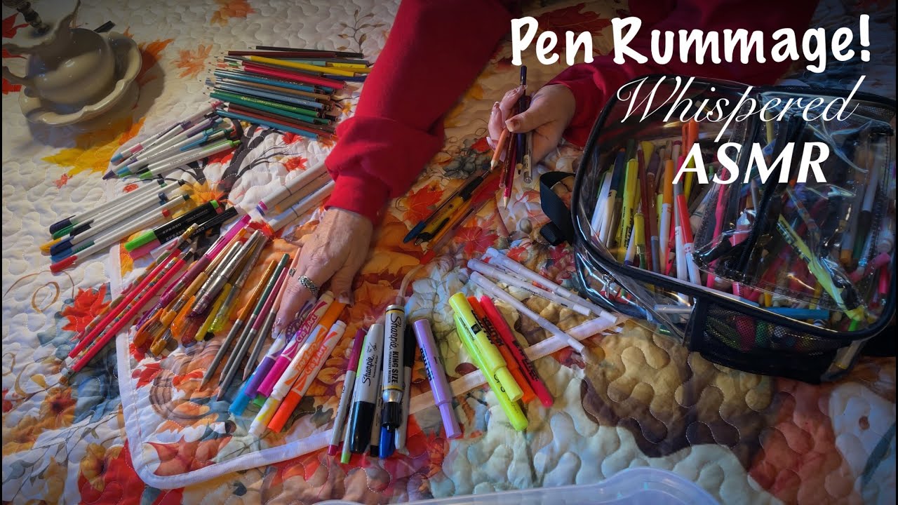 ASMR Pen Rummage! (Whispered with polite gum chewing) Organizing & testing all my pens & pencils.
