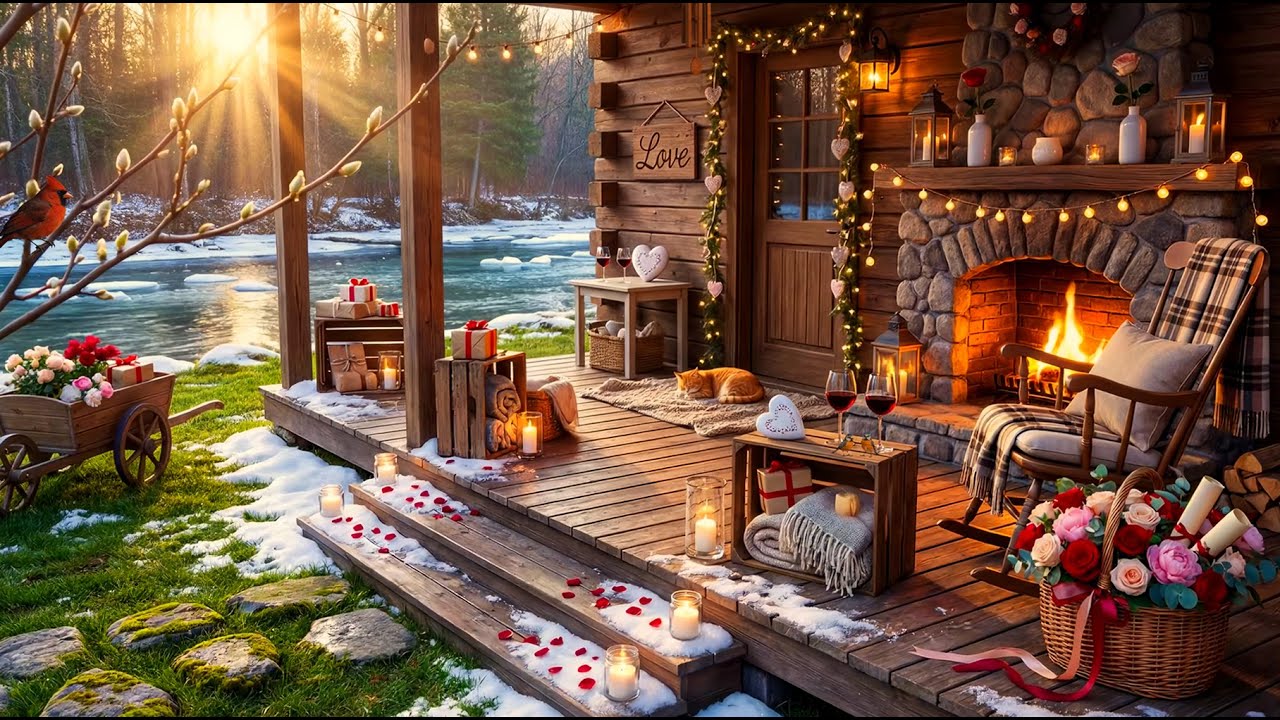 Valentine’s Day Nature Ambience 🔥 Cozy Porch Fireplace, River Sounds and Romantic Atmosphere