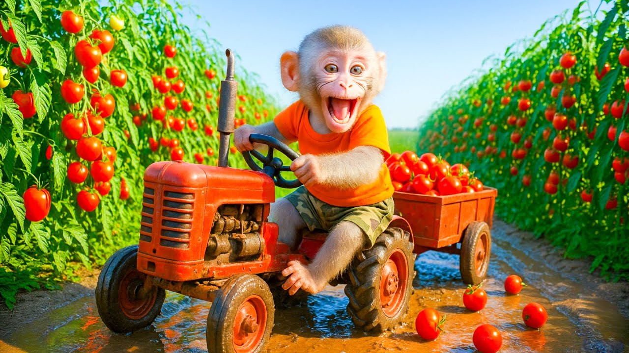 Baby Monkey Harvests Tomatoes on a Tiny Red Tractor! - Monkey Farm Work | KaKa Monkey Life