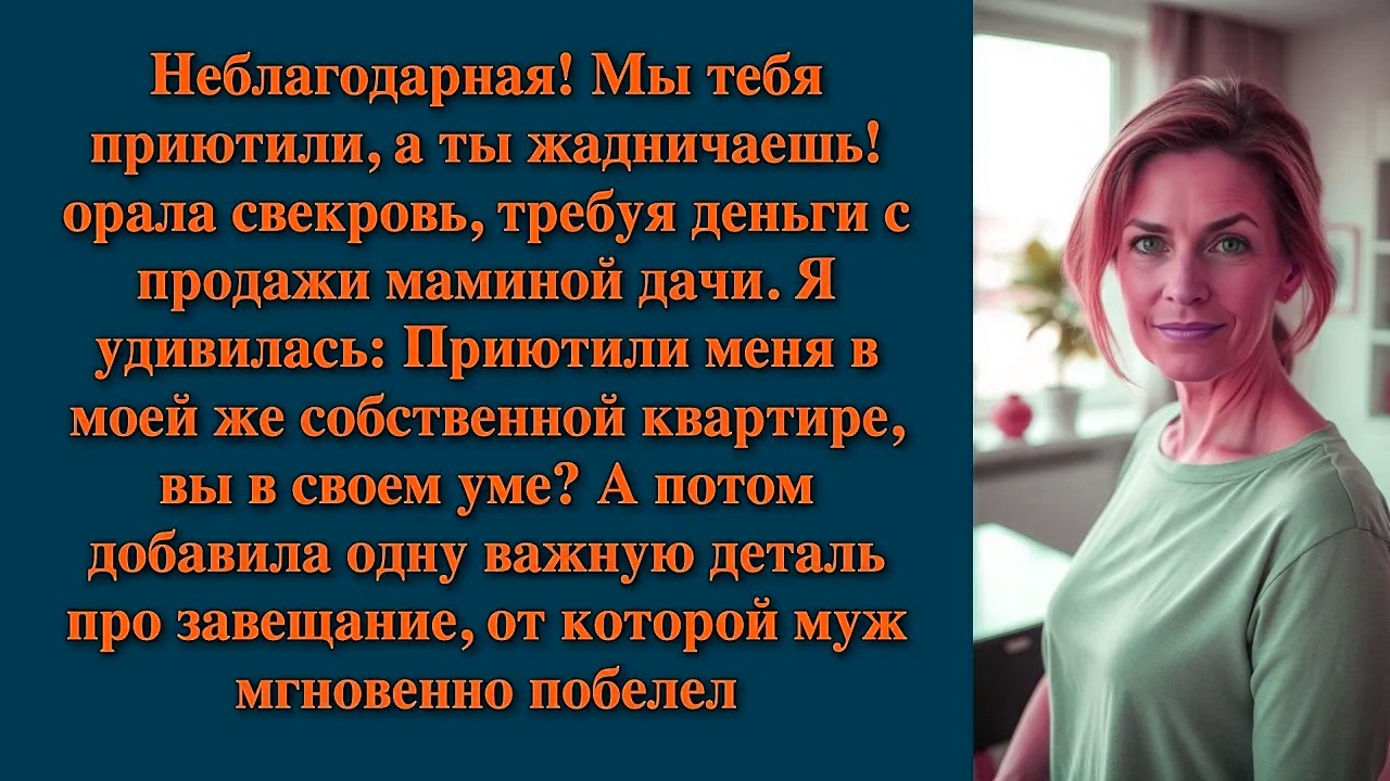 Неблагодарная! Мы тебя приютили, а ты жадничаешь! орала свекровь, требуя деньги с продажи маминой