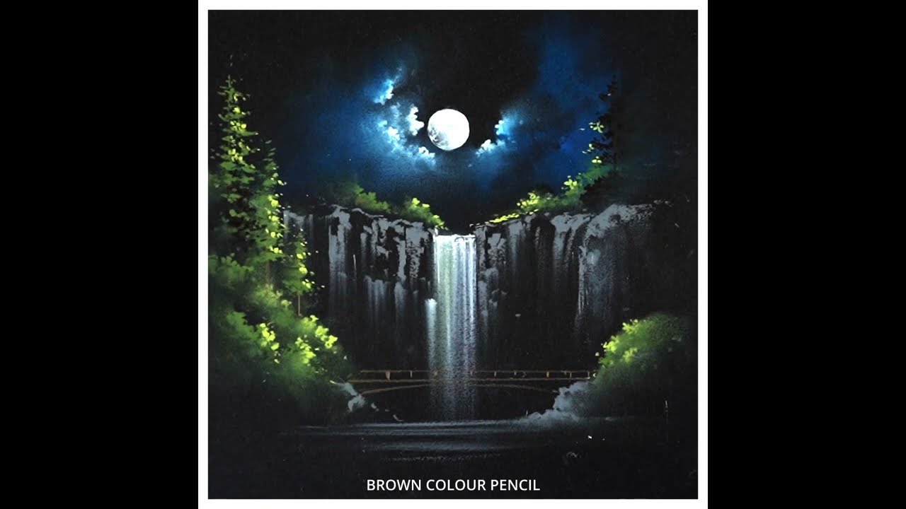 Beautiful night scenery drawing with a waterfall - oil pastel drawing