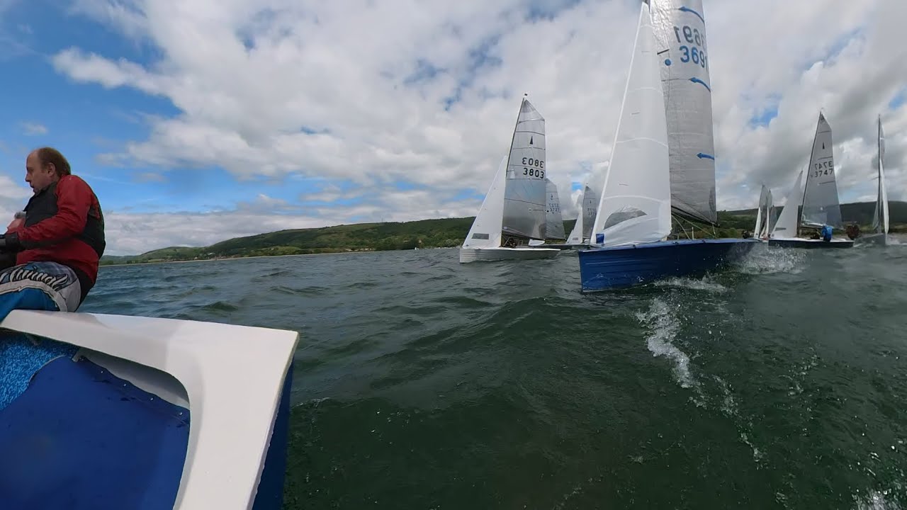 Crowded start line and first beat at the Merlin Rocket inlands