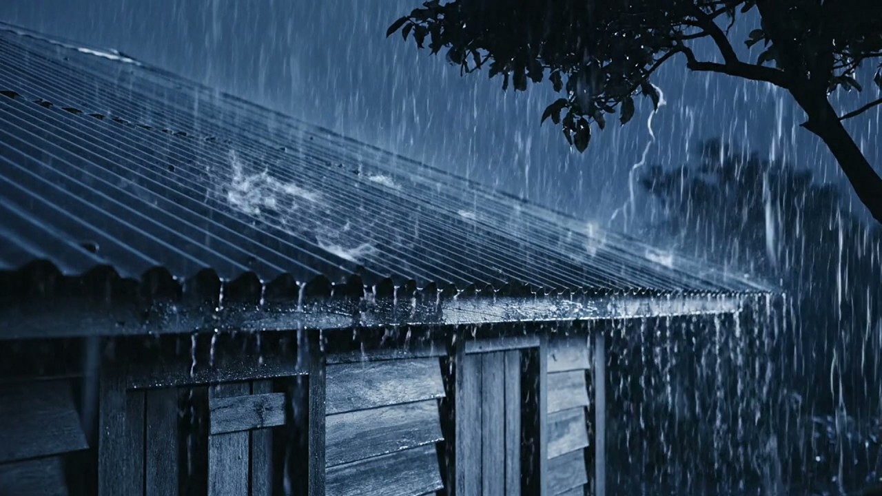 Adormecendo com Chuva Torrencial, Trovões Reverberando no Telhado de Ferro Corrugado Opaco à Noite#1