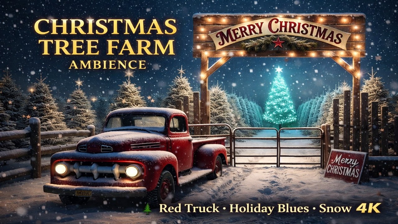 Christmas Tree Farm Ambience with Snowfall | Cozy Red Truck & Holiday Blues Country Music 🎄❄️