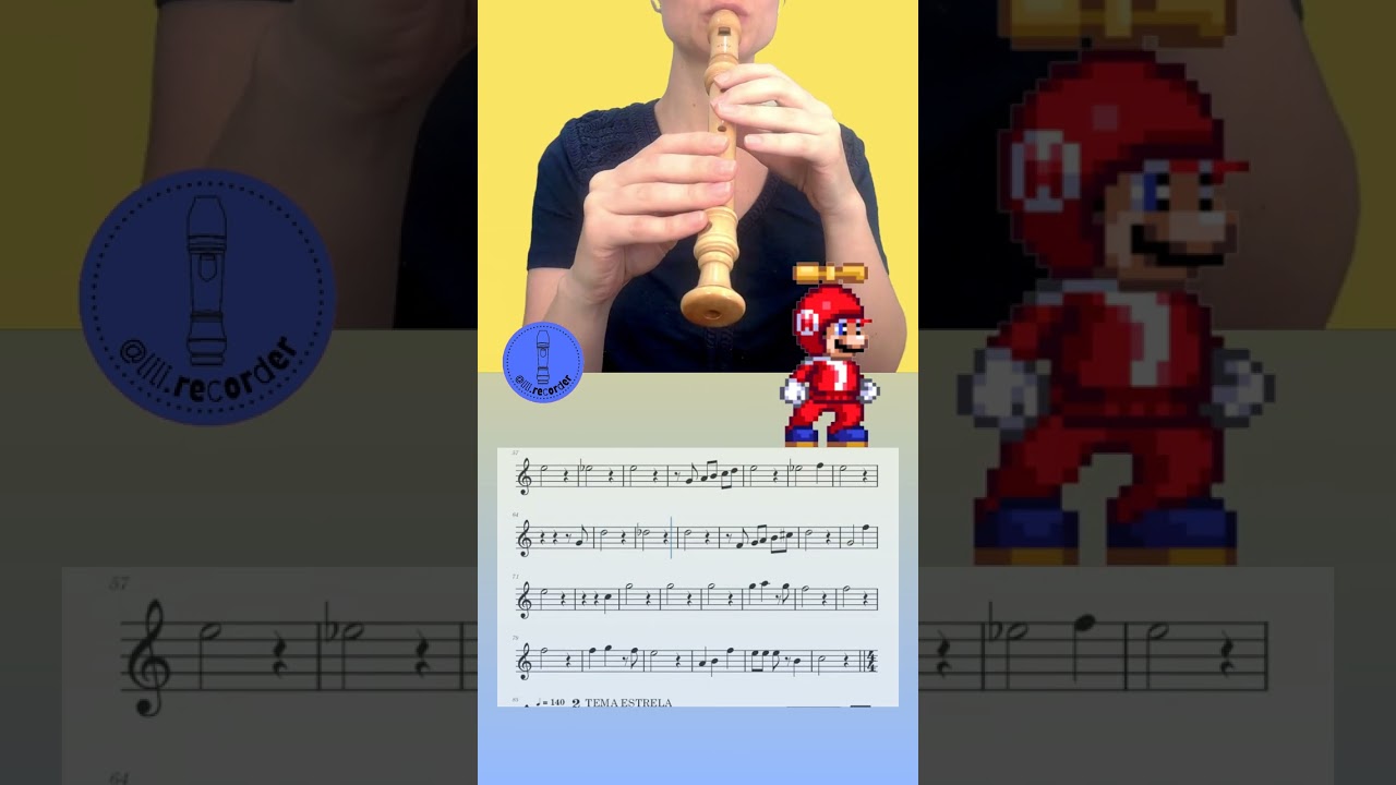 🎼Super Mario Bros (Tema Principal) tutorial para flauta doce com partitura e trombone.