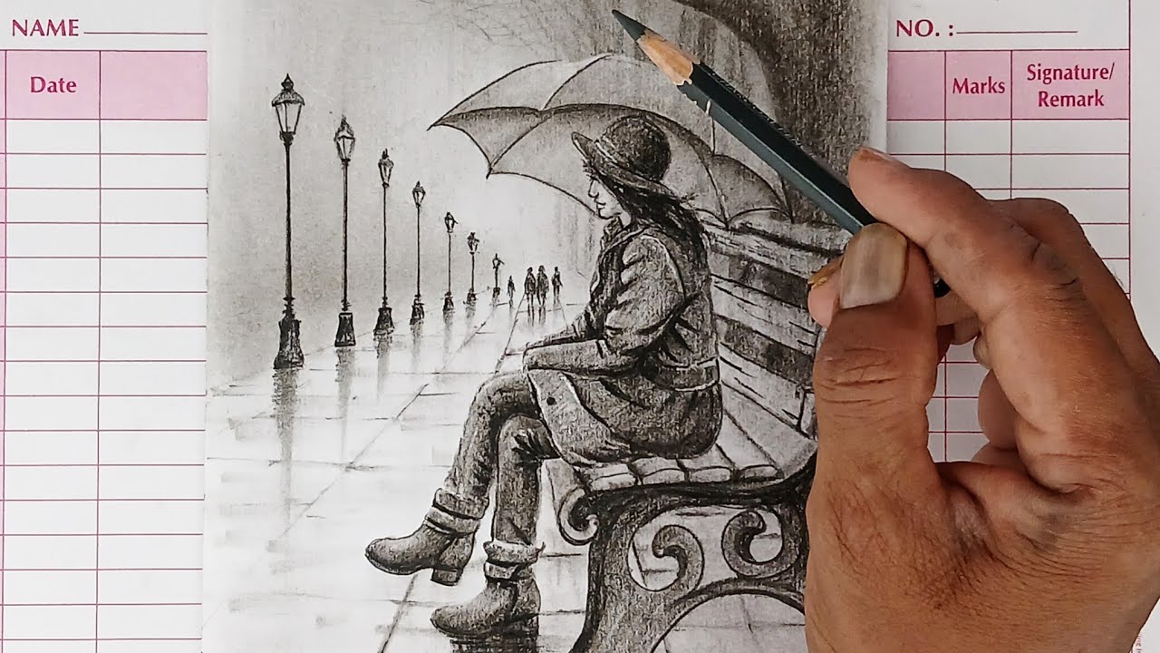 Pencil drawing of a girl with umbrella, rainy season, city street landscape.