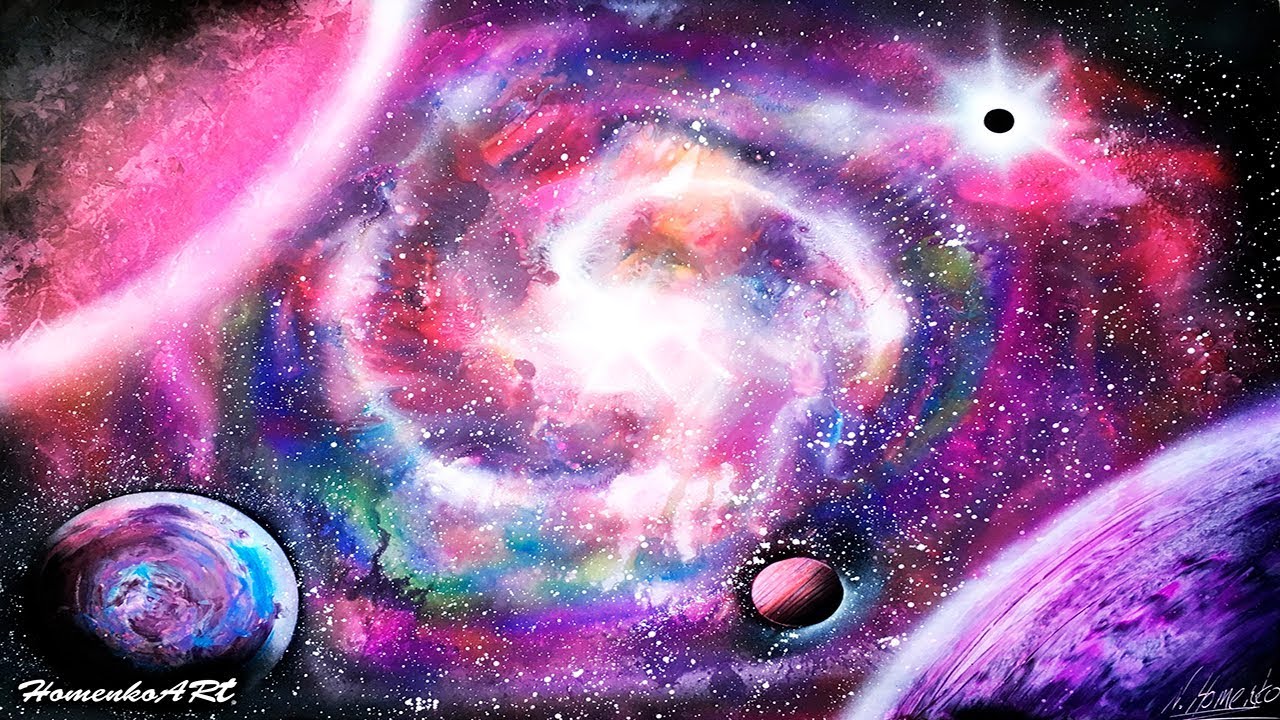 Amazing spray paint art nebula picture pink violet blue space painting cosmous by Homenko