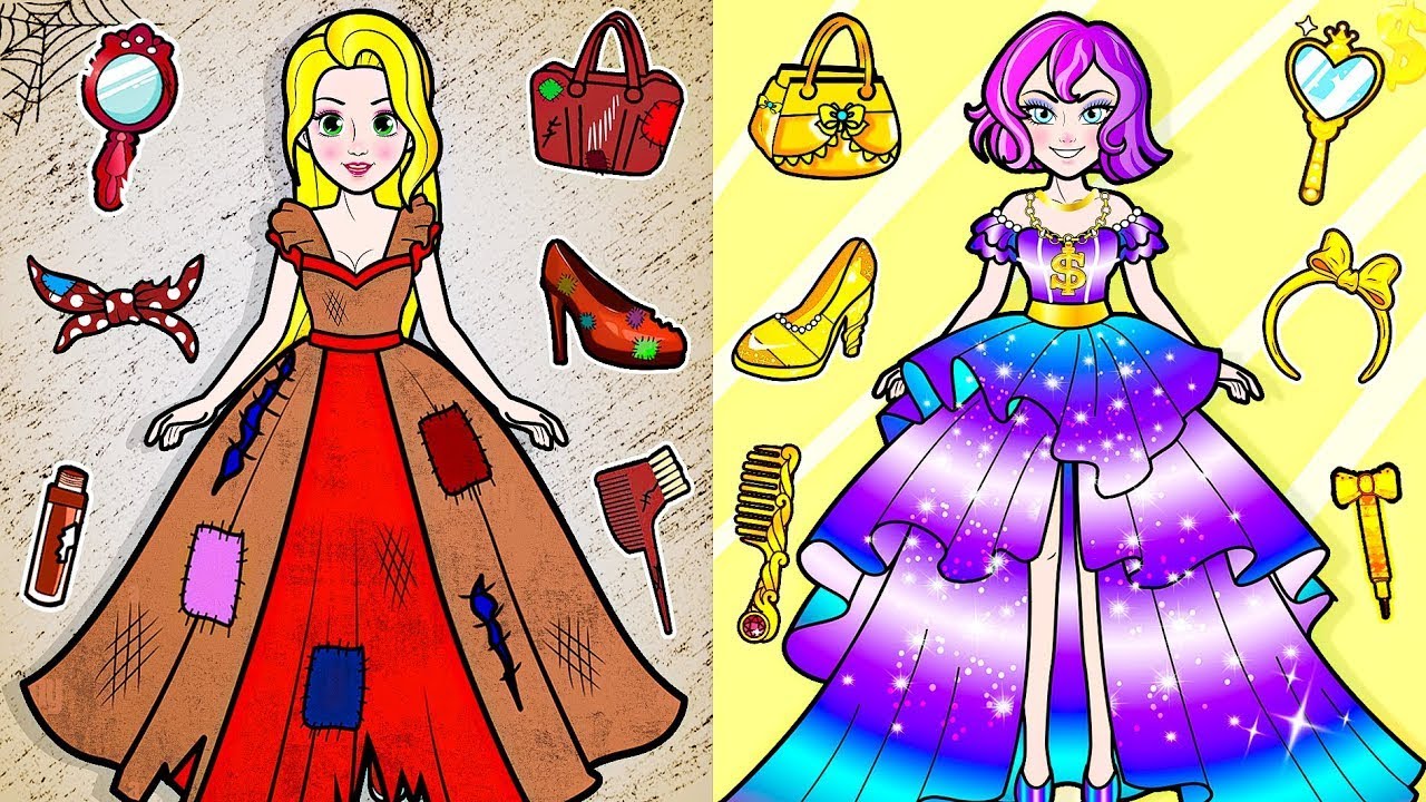 Paper Dolls Dress Up - Rich Pink Rapunzel Vs Poor Black Rumi Barbie Dress Handmade - Rapunzel Family