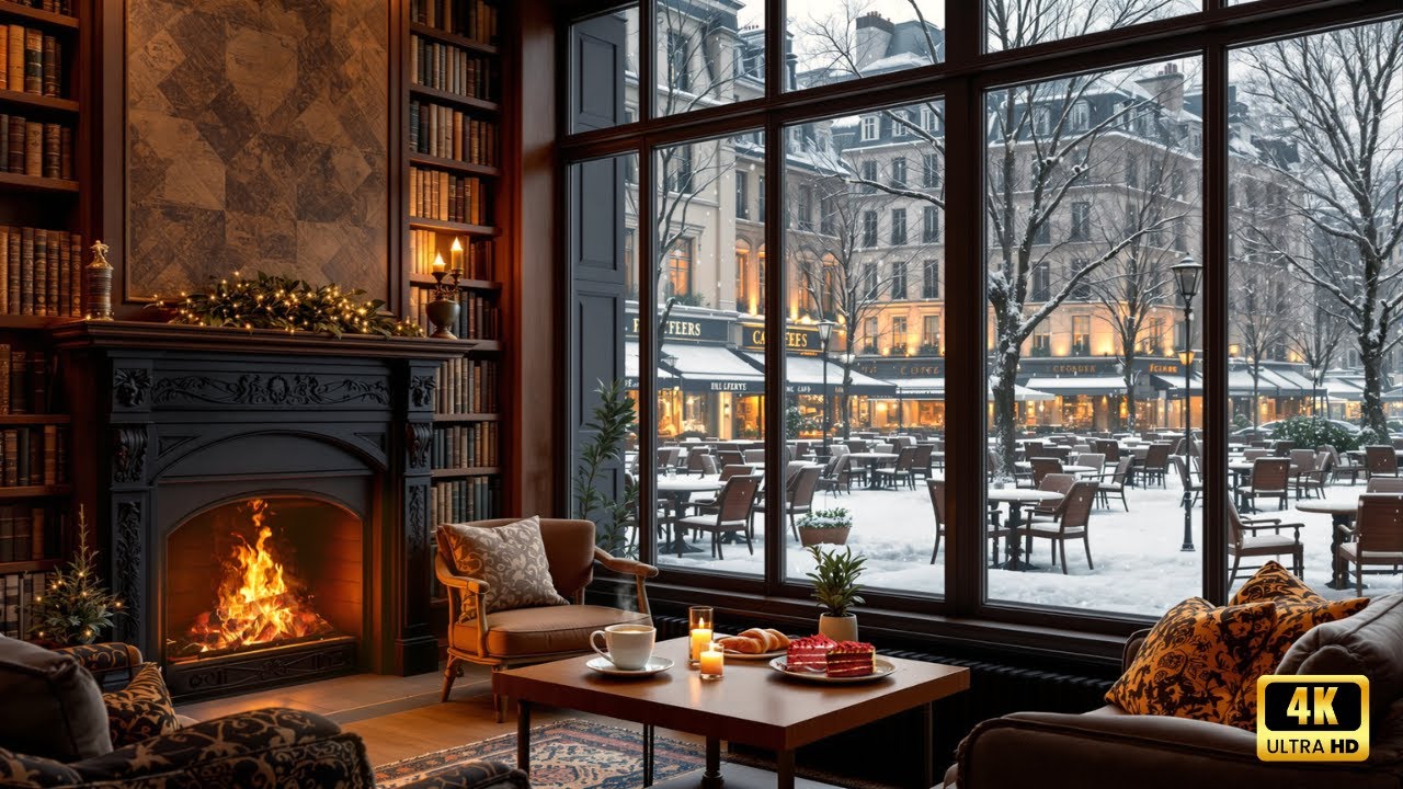 Smooth Jazz Music & Crackling Fireplace ❄️☕ Cozy Winter Coffee Shop Ambience for Reading, & Relax