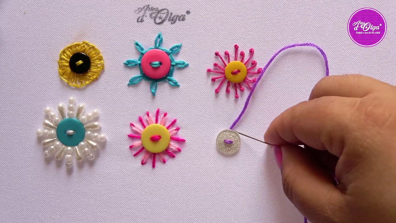 6 Ideas para Bordar Flores con Botones | Button Flower Embroidery | Artesd'Olga