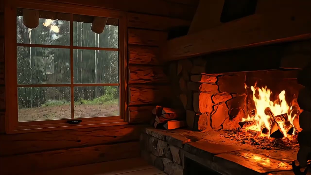 Cozy Cabin in Heavy Rain 🌧️ Fireplace Ambience for Sleep & Relaxation