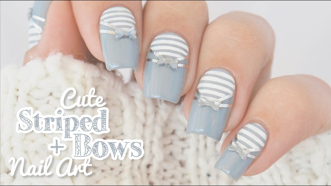 Cute Striped and Bows Nail Art