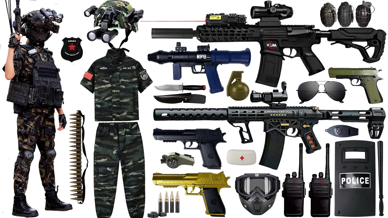 Unboxing armed forces weapon toys, SLR assault rifle, SCAR, TEC9 automatic rifle, bulletproof vest.