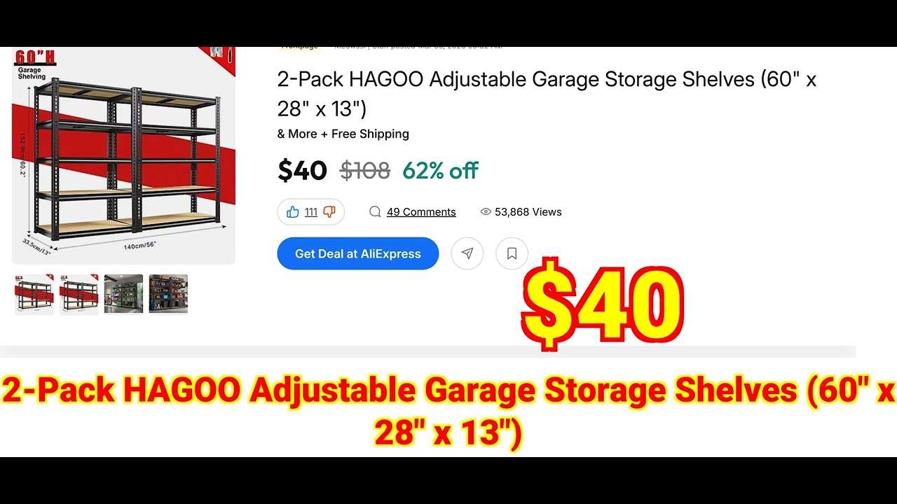 2026-03-07 2-Pack HAGOO Adjustable Garage Storage Shelves (60 x 28 x 13 )