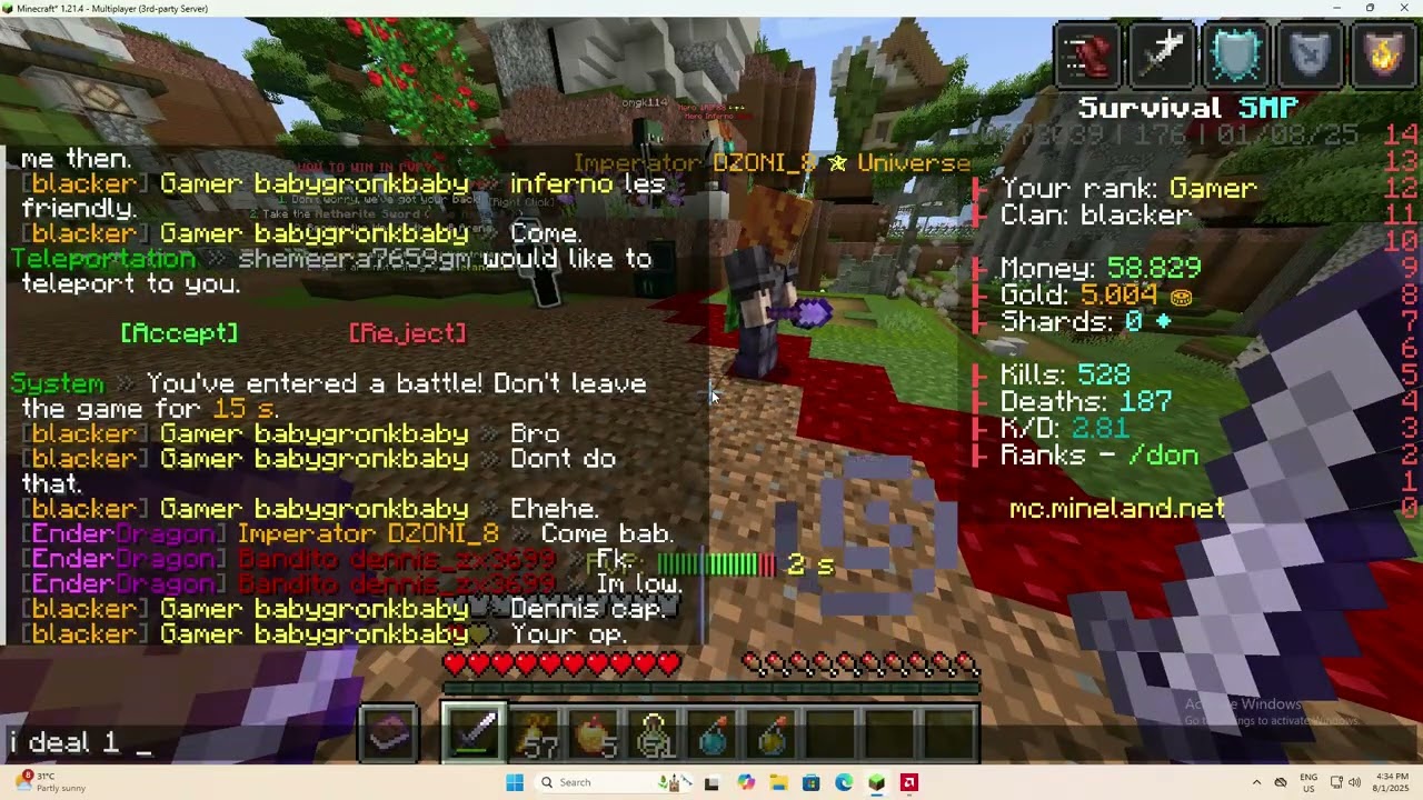 mineland 1v1 think i was hacking cause im LT5 sword pvp