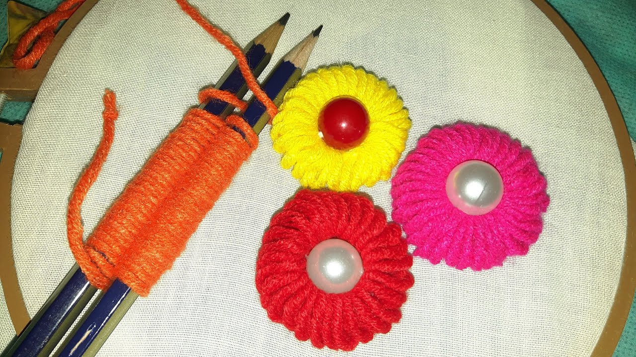 Amazing Flower Crafts Ideas With Woolen Yarn | Easy Flower Hand Embroidery Trick With Pencil