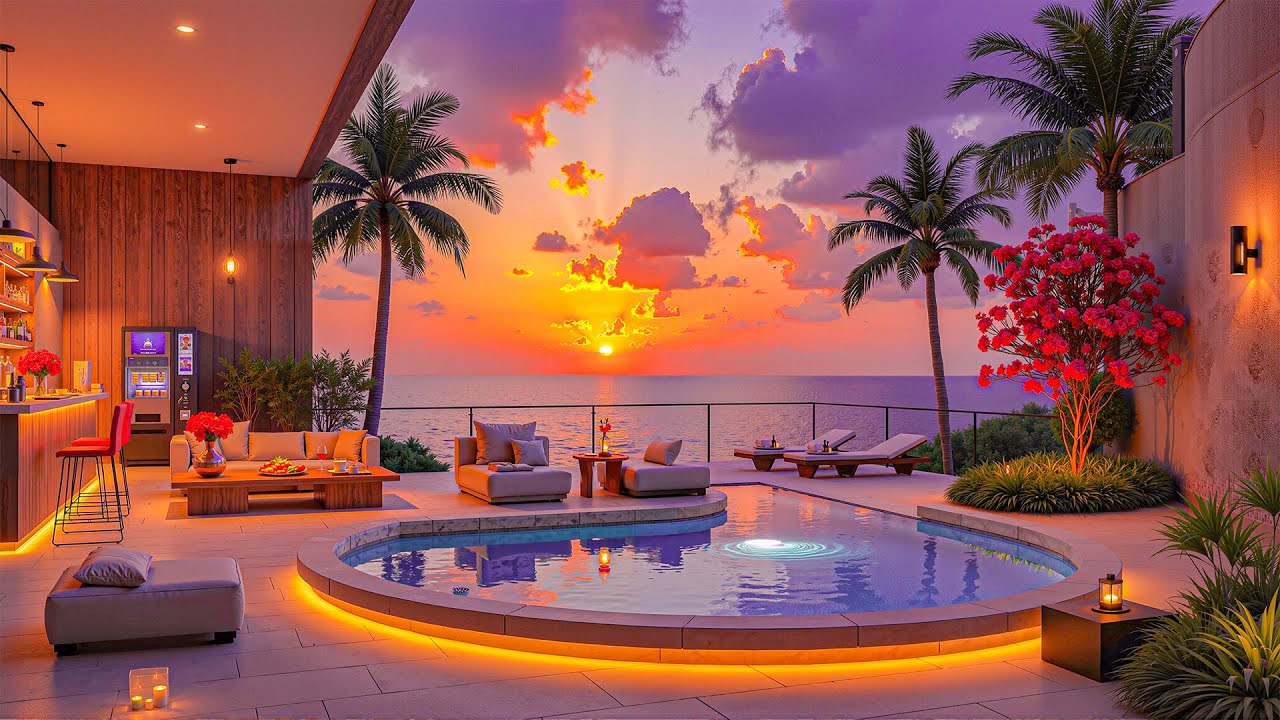 Upbeat Jazz At A Luxury Beach Balcony - Beach Balcony At Sunset With Ocean Waves And Soothing Jazz