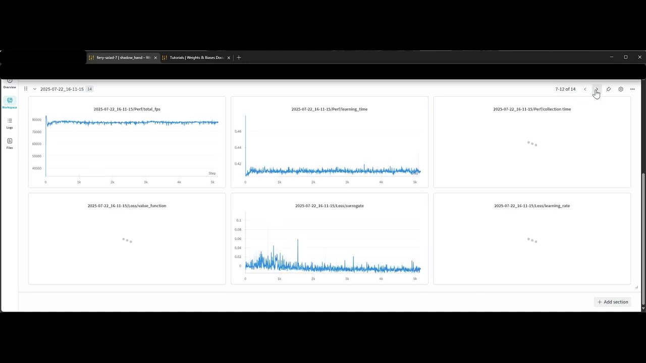 WANDB RL policy experiment tracking for model trained w/ IsaacLab+IsaacSim on NVIDIA L4 in the Cloud