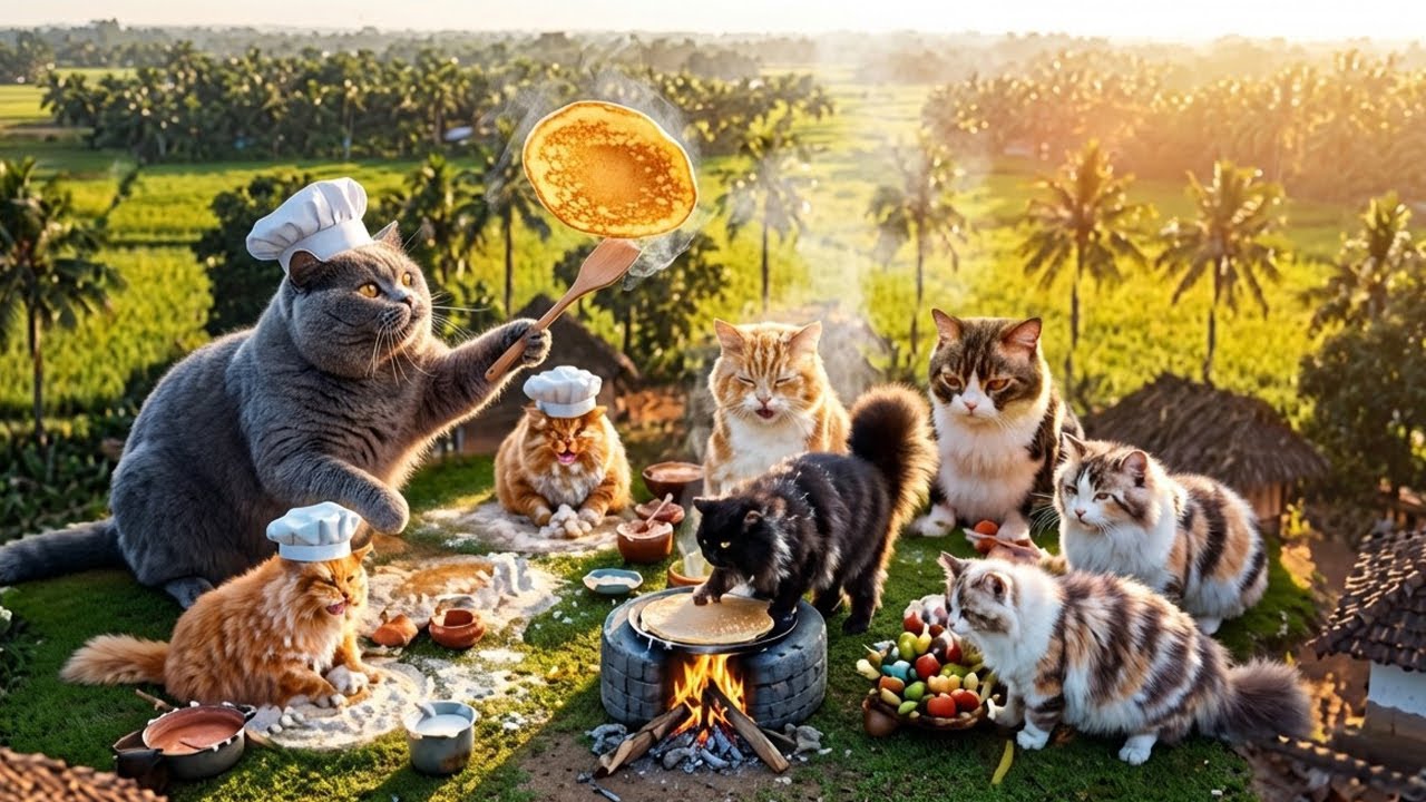 Big Fat Cats Try Making Fluffy Pancakes… But Their Bellies Steal the Show 🥞🐾