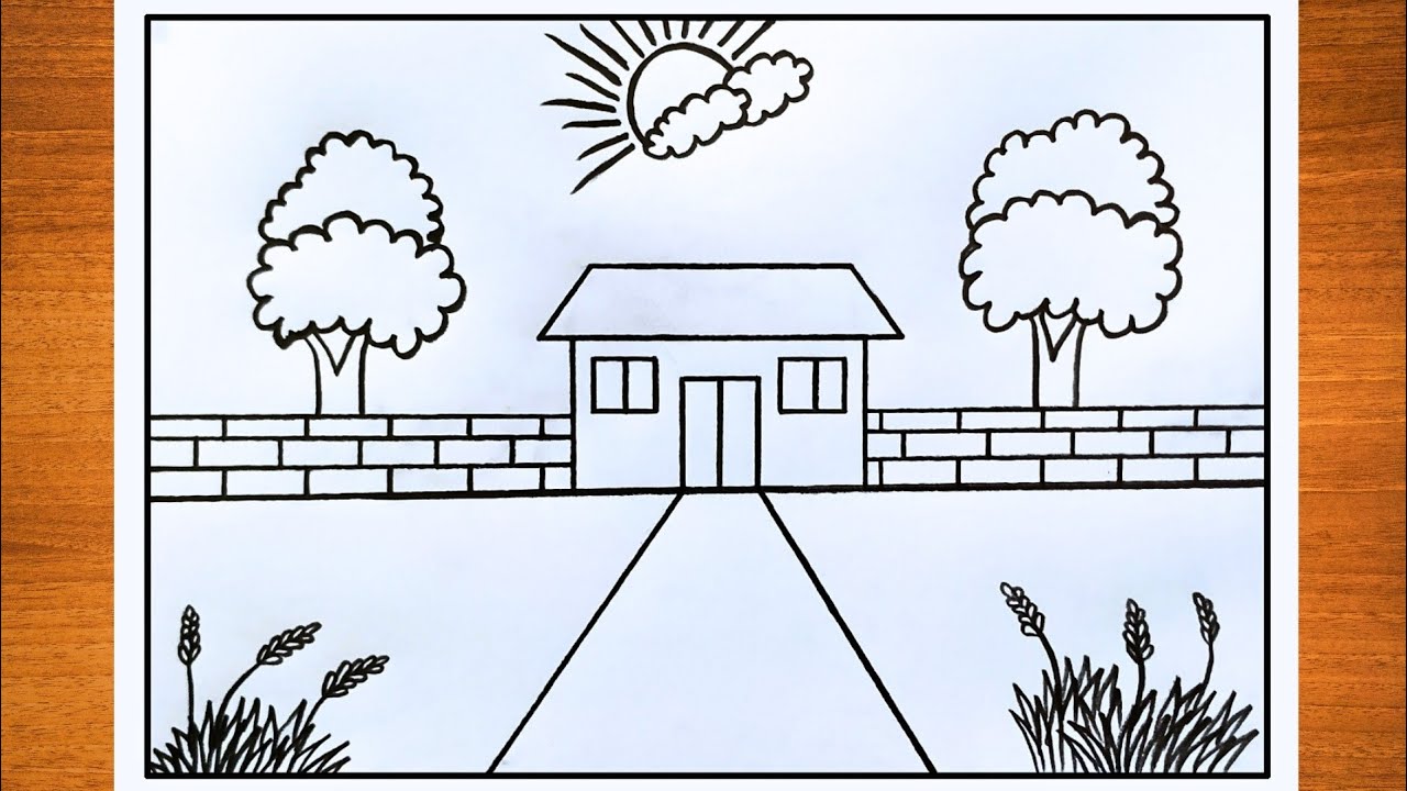 House Scenery Drawing, Ghar ka chitra, Prakritik drishya, Easy drawing video tutorial for beginners