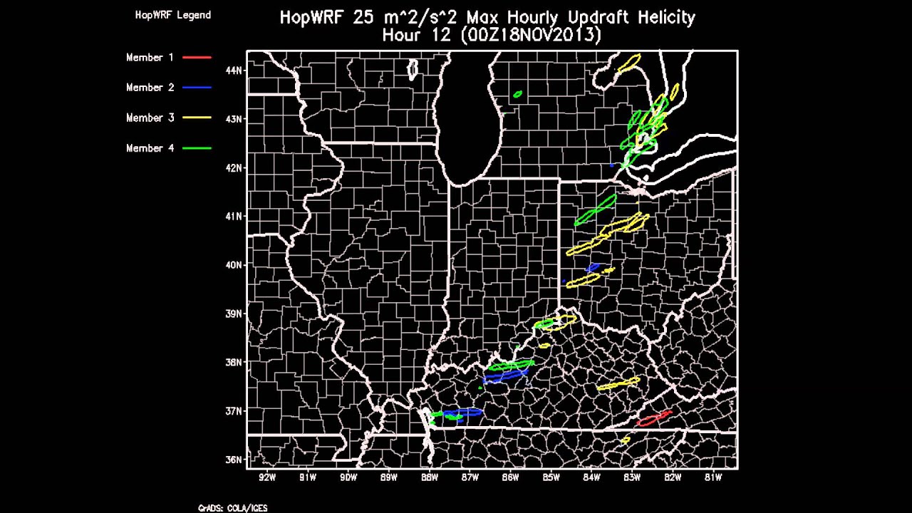 Max Hourly Updraft Helicity from All Members Between 11 AM and Midnight, Sunday, November 17, 2013