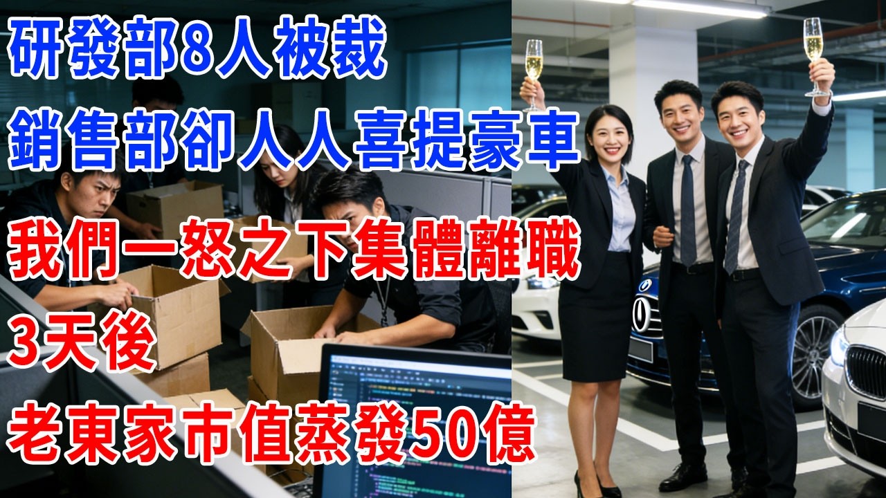 研發部8人被裁，銷售部卻人人喜提豪車，我們一怒之下集體離職，3 天後，老東家市值蒸發50億！#打脸 #正能量 #故事分享 #生活經驗 #职场 #正能量剧情