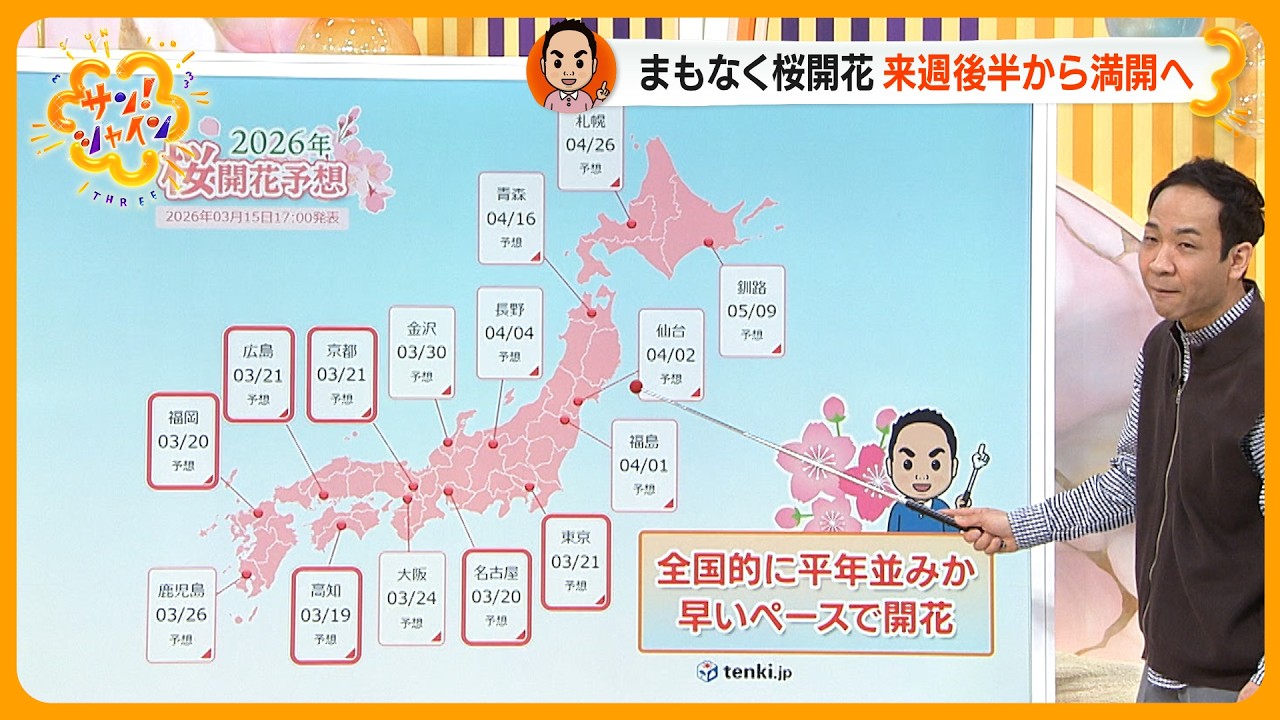 【3月16日あまたつ天気】最新の桜開花予想をお伝えします 東京は21日予想！もっと早くなる可能性も！【サン！シャインニュース】