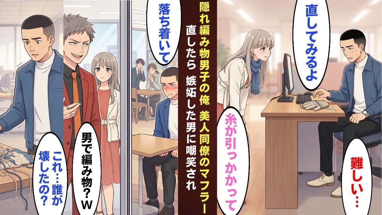 【漫画】趣味を隠して生きてきた俺。美人同僚のマフラー修復をきっかけに編み物が得意だと社内に広まり→「男のくせに」と僻まれ嘲笑され…ついには作品まで破壊されるが、彼女が暴いた“真犯人”に全員が凍りつく